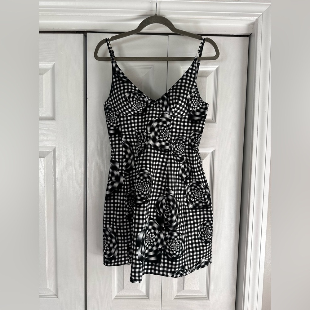 Brandon Maxwell Black & White Gingham Floral Mini Dress